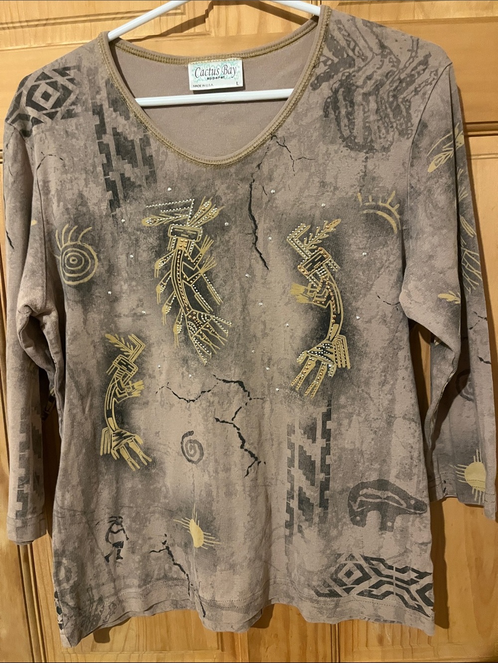 Cactus Bay Taupe Tribal Print Long Sleeve Top with Gold Accents and Rhinestones
